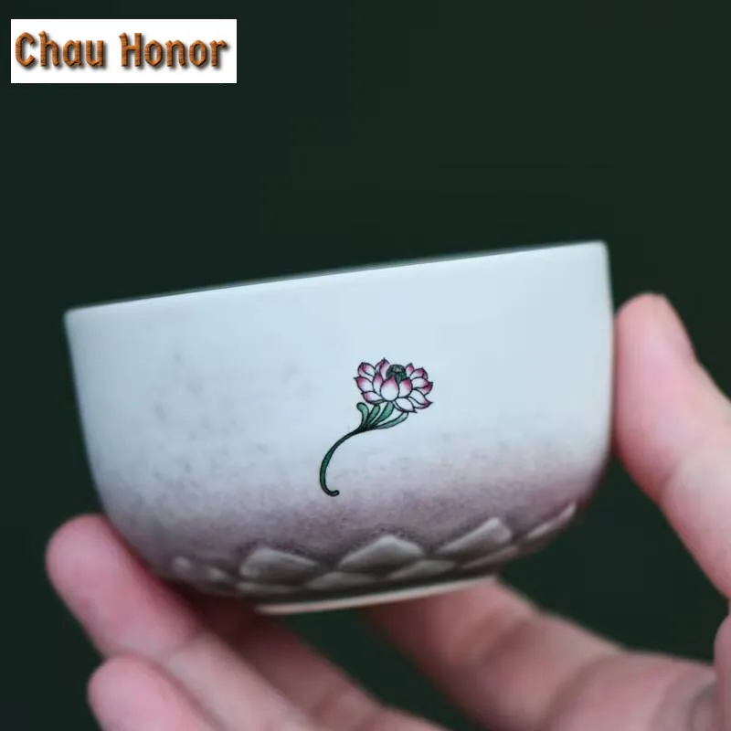 110ml Chinese Dunhuang Mural Lotus Ceramic Teacup Antique Kiln Change Glaze Tea Bowl Creative Lotus Throne Master Cup Tea Pair