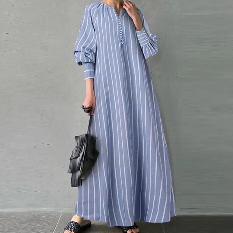 

Summer Women Bohe Beach Dress Elegant O-neck Long Sleeve Cotton Linen Dresses 2023 Fashion Striped Printed Loose Party Dress