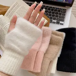 1pair Women Winter Keep Warm Plush Gloves Elasticity Soft Half Fingers Mittens Imitation Mink Fur Knitted Girls Fashion Gloves