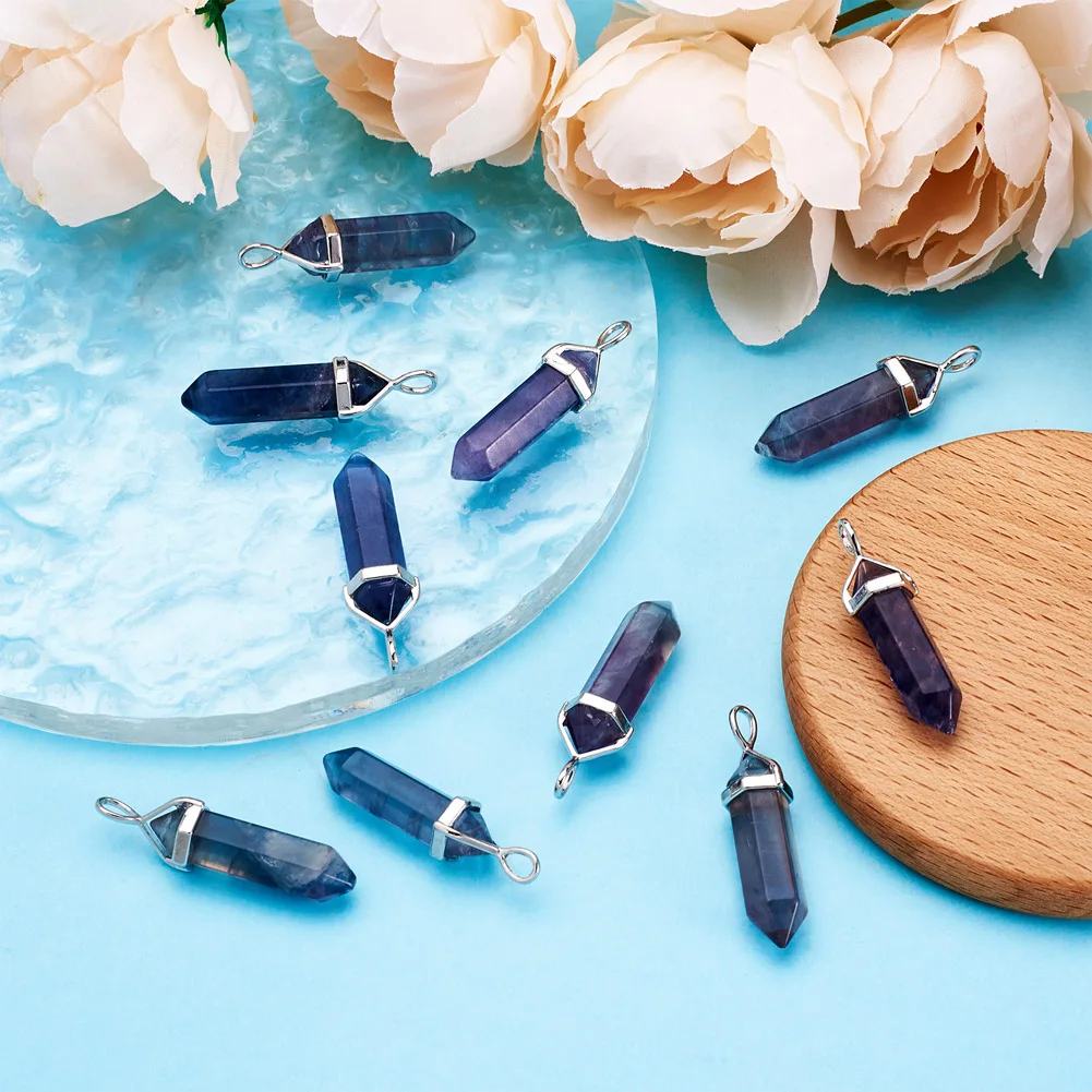 10pcs Natural Fluorite Stone Hexagonal Pendulum Reiki Charm Pendants For DIY Jewelry Making Necklaces 39x10x12mm