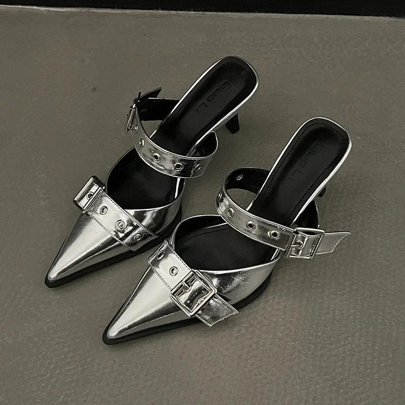 Punk Goth Metal Buckle High Heels Sandals Women 2024 Summer Pointed Toe Silver Party Shoes Woman Korean Style Thin Heels Sandals