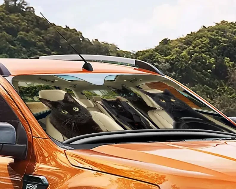 Black Cat Family Car Sunshade, Cats Auto Sun Shade, Car Auto Sun Shade Windshield, Accessories, Cat Love