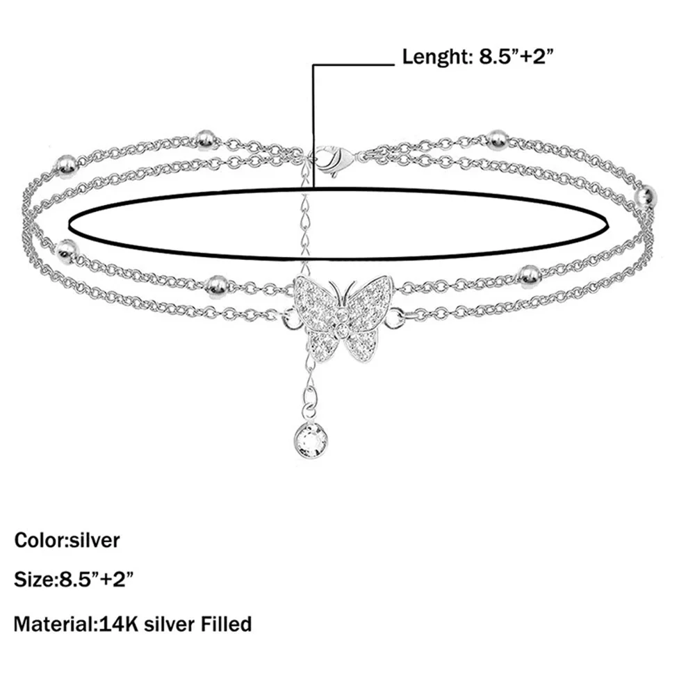 Silver Anklet Bracelet Summer Butterfly Anklet For Women Adjustable Color Layered Foot Ankle Bracelet Girls Beach Party Jewelry