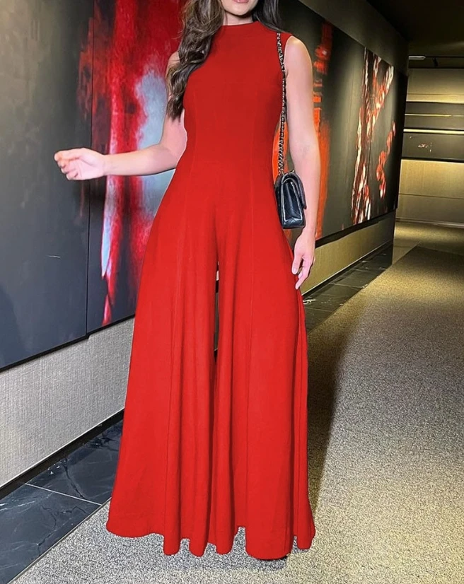 Women's Jumpsuit 2023 Summer Fashionable and Elegant Style Sleeveless Wide Leg Mock Neck Wide Leg Pants Long Jumpsuit