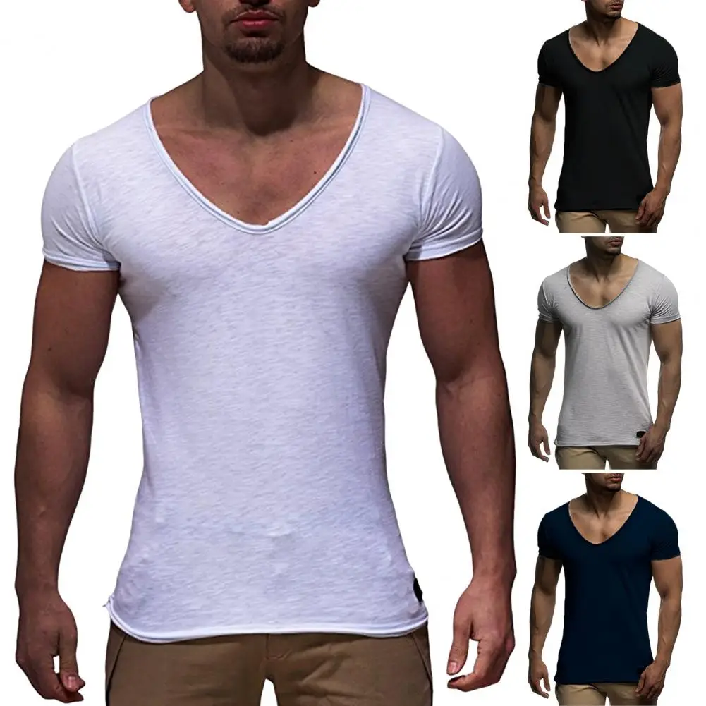 

Men Slim Fit V-neck T-shirt Men's Soft Slim Fit V Neck T-shirt for Summer Sports Breathable Solid Color Casual Top with Short