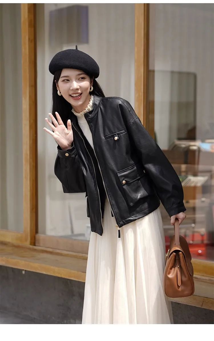 

Korean Version of Slim Artificial Leather Jacket Women's 2023 Autumn Moto Biker Coats BF Punk Loose Casual Cropped Outerwear