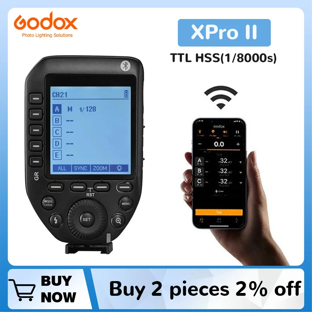 

Godox XPro II XproII TTL HSS Wireless Bluetooth Flash Trigger 2.4G Transmitter LCD Screen or Canon Nikon Sony Fuji Olympus Penta