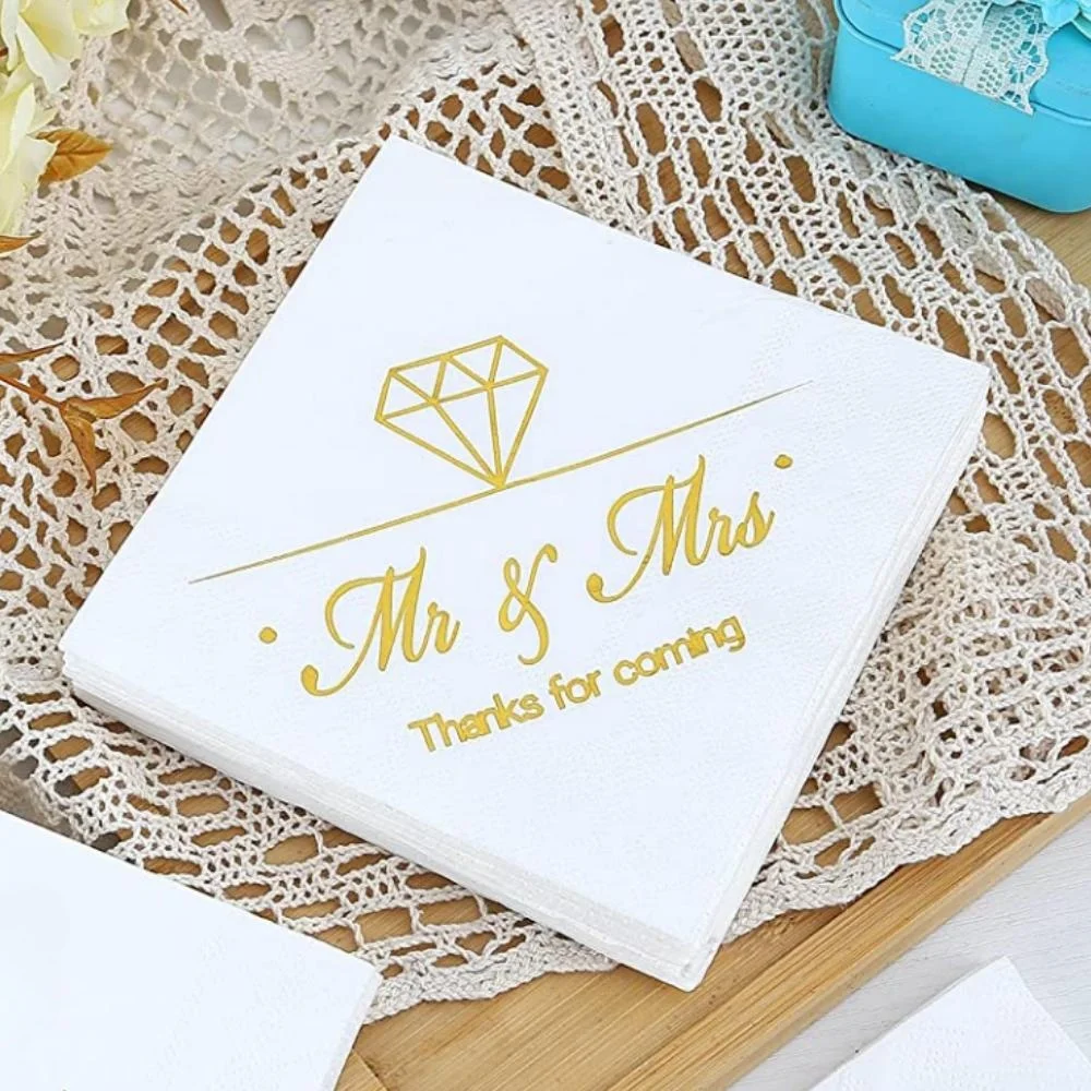 

50pcs Custom Gold Foil Wedding Napkins for Wedding Reception - Mr and Mrs Napkins Wedding Cocktail Napkins Beverage Dessert