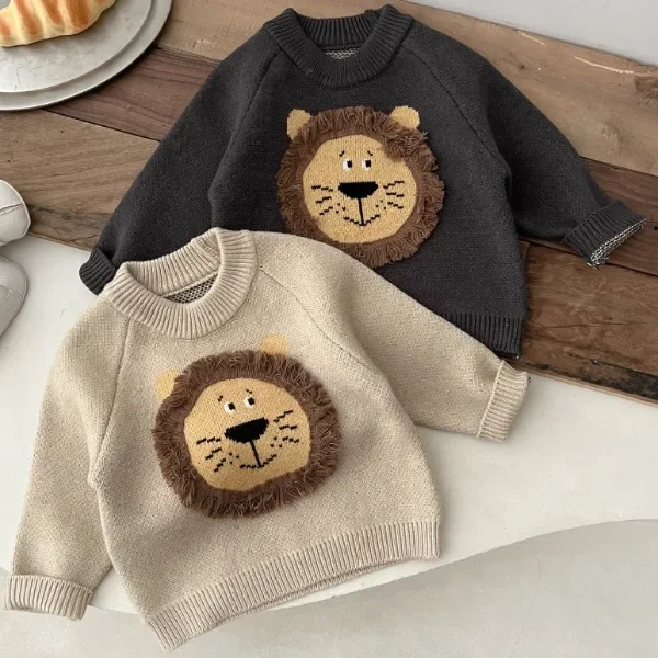 Autumn Winter Kids Cartoon Lion Knitted Sweater Baby Girl Thicken Casual Warm Pullover Knitwear Boys Children Retro Tops Clothes baby girls sweater