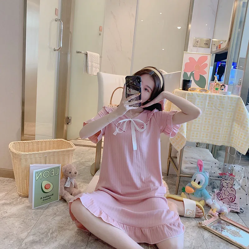 Sanderala Cotton Women Cute Nightdress Ruffle Sleepwear Plue Size Ladies Lingerie Nightdress Soft Thin Female Underwear Night