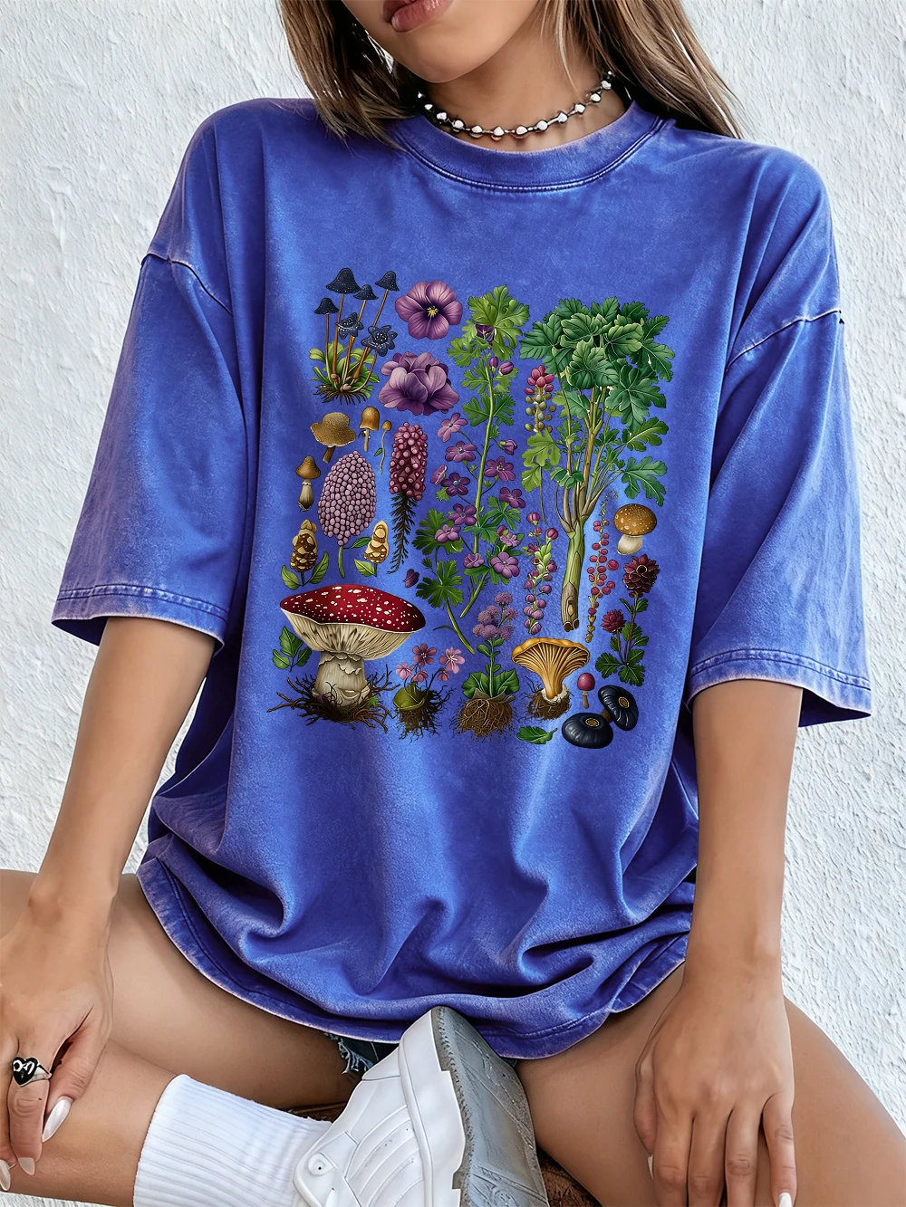 Floral & Mushroom Print Oversized Cotton T-Shirt - Women's Casual Summer Top