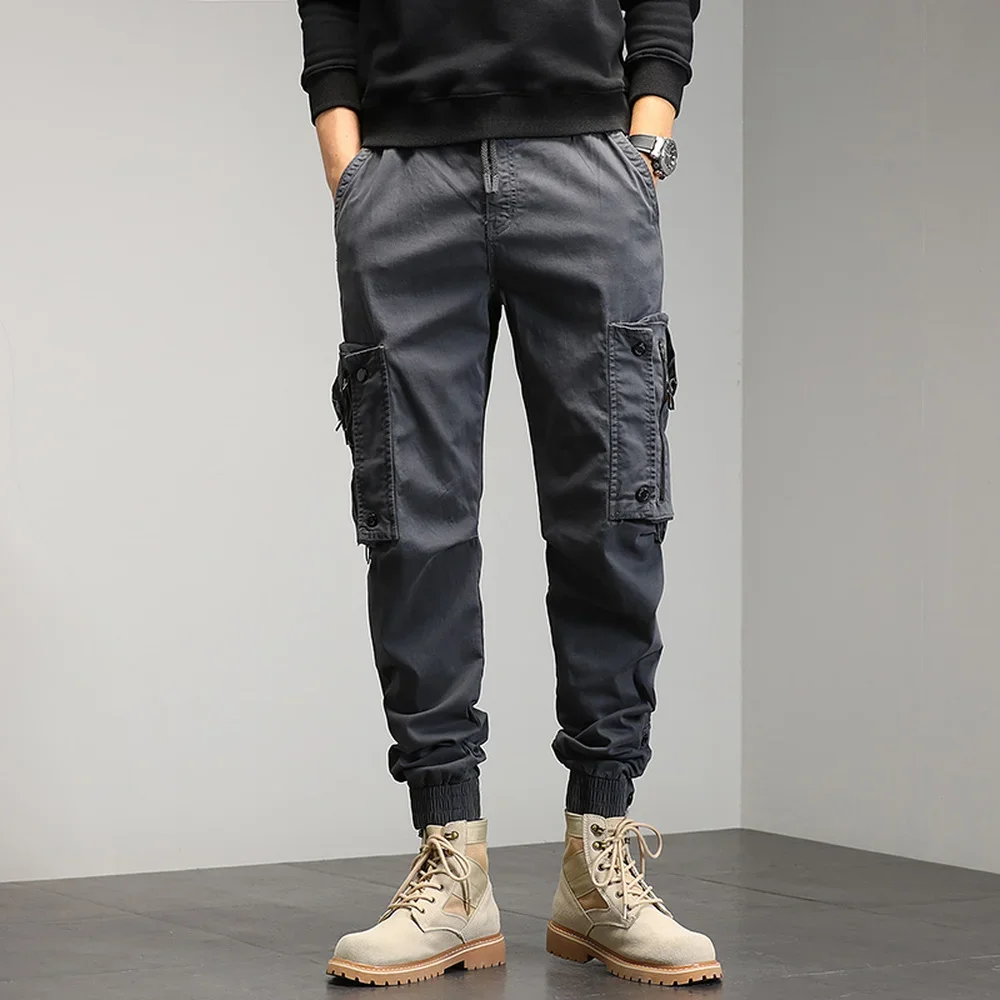 Khaki Cargo Pants Men Drawstring Ankle Length 9 Part Trousers Streetwear Fashion Cotton Pants Men Casual Work Military