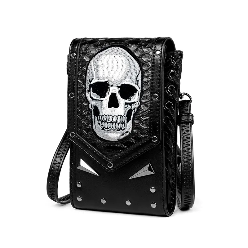 

Vintage Black Punk Rivet Skulls Crossbody Bag Women Small Fashion’Shoulder Bag Mini PU Mobile Phone Bag Halloween Birthday Gift