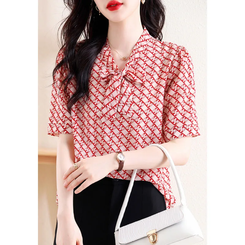 2024 Summer New Women\'s Printed Scarf Collar Bow Pullovers Fashion Elegant Versatile Commuter Slim Half Sleeve Chiffon Tops