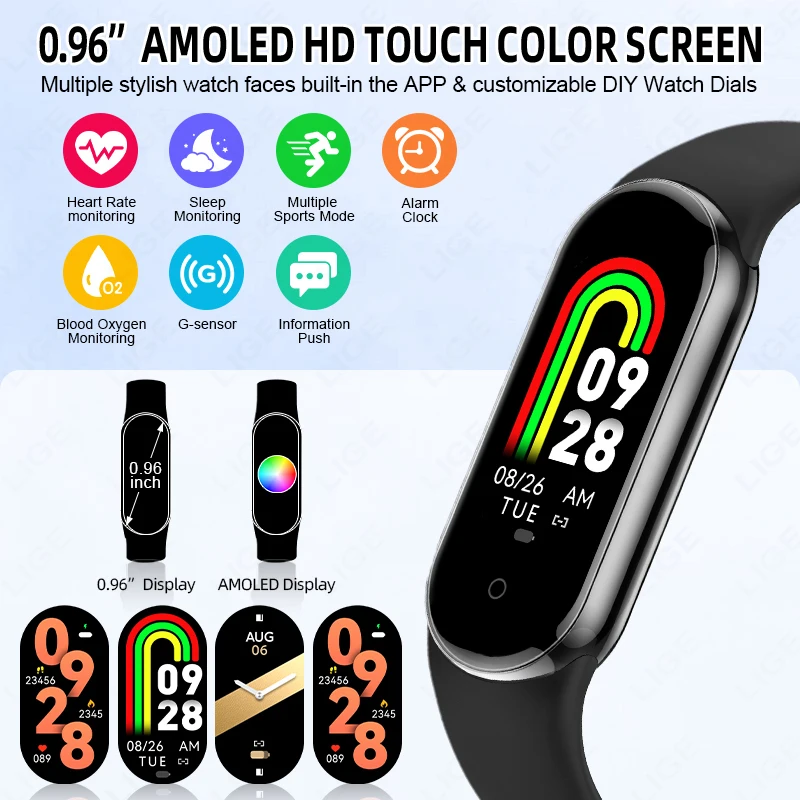 LIGE Sports Fitness Tracker Smart Band Heart Rate Blood Pressure Health Bracelet AMOLED Call Reminder Smartwatch For Android iOS
