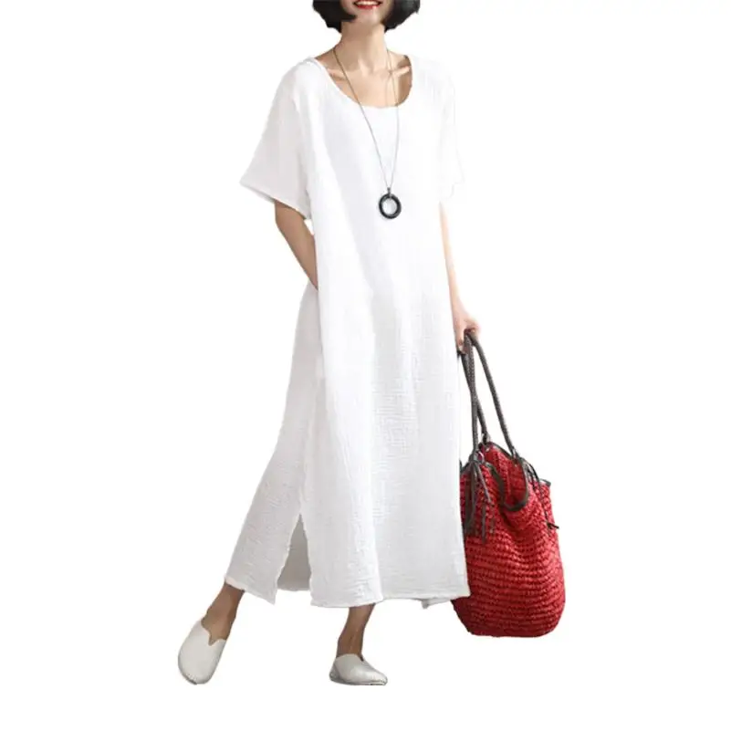 

2024 Summer Simple Cotton Linen Dress Women Solid Casual Split Long Dress O-Neck Short Sleeve Sundress vestido de gala branco