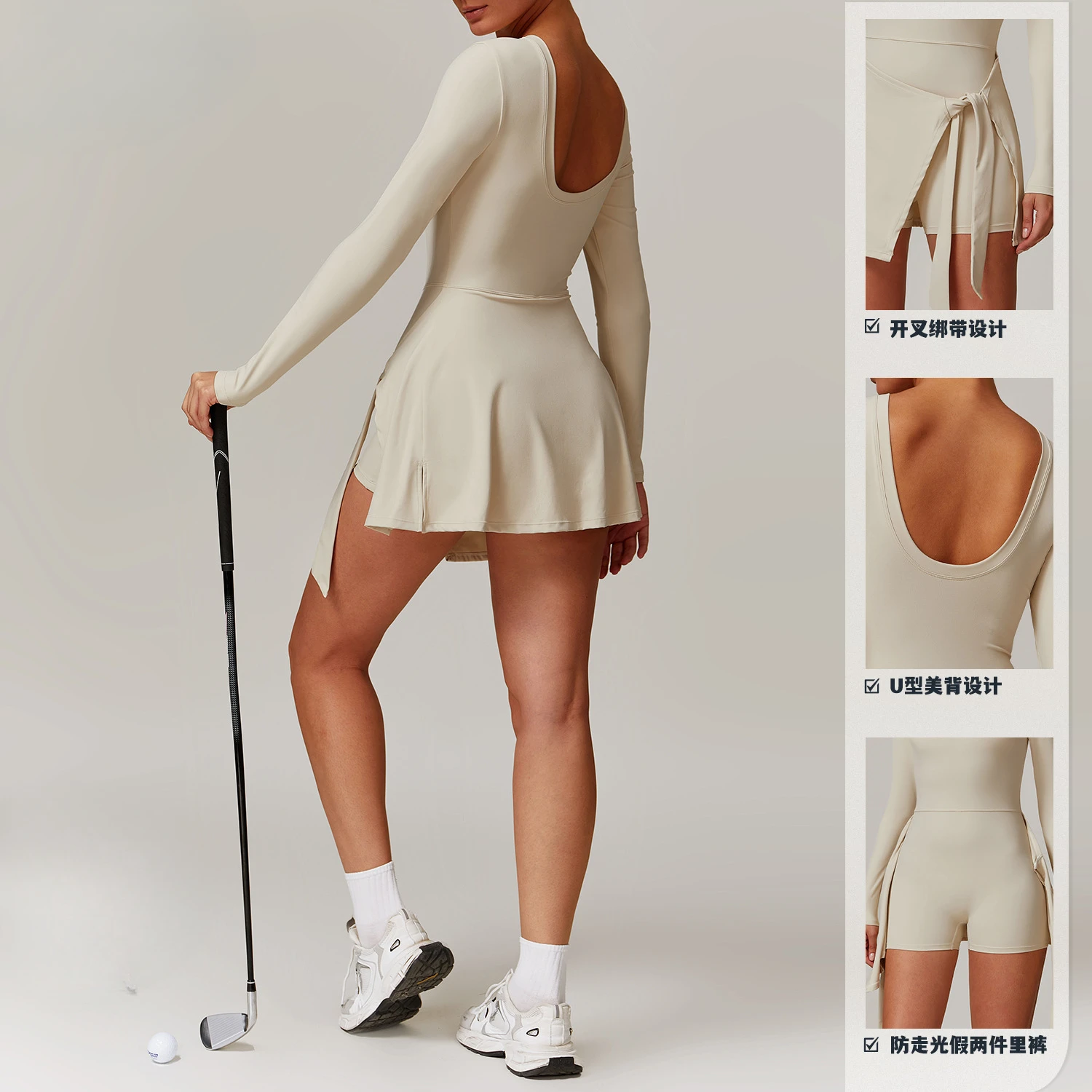 Womens Tennis Dress Long Sleeve Sarong Wrap Skirt Built in Shorts Golf Athletic Dress Workout Rompers Badminton Mini Dresses