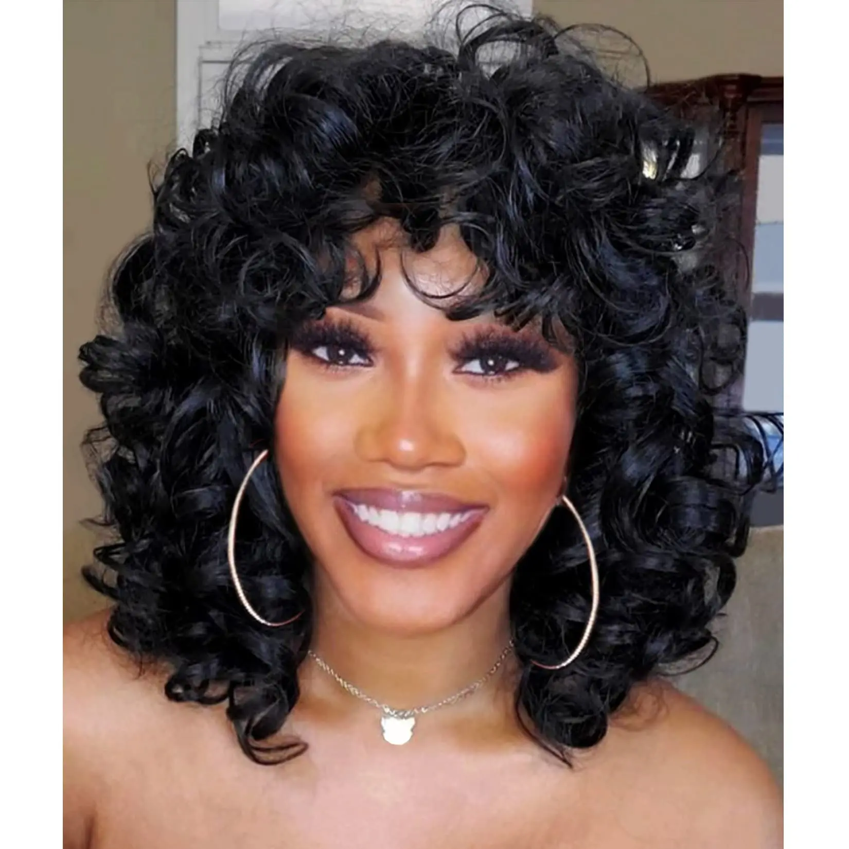 Short Curly Wigs for Black Women Soft Black Big Curly Wig with Bangs Afro Kinky Curls Synthetic Wig for African American Women