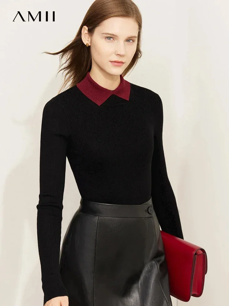 AMII Minimalist Color Contrast Sweater for Women 2024 Autumn