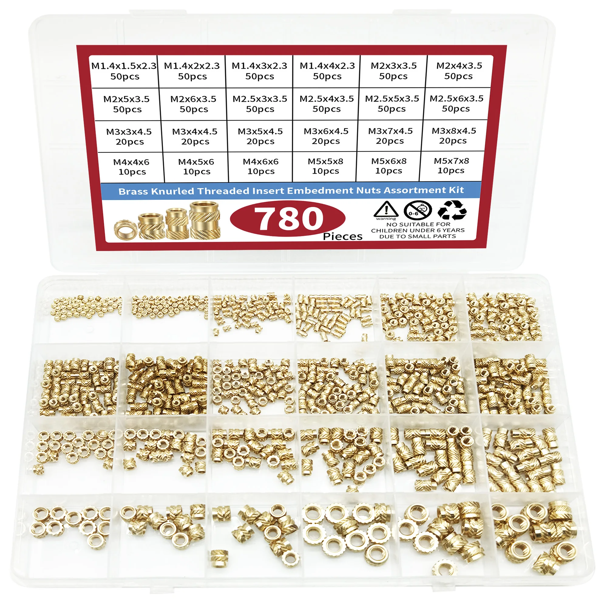 

780pcs M1.4 M2 M2.5 M3 M4 M5 brass knurled threaded insert embedment nuts assortment kit Fasteners Tools Repair Accessories