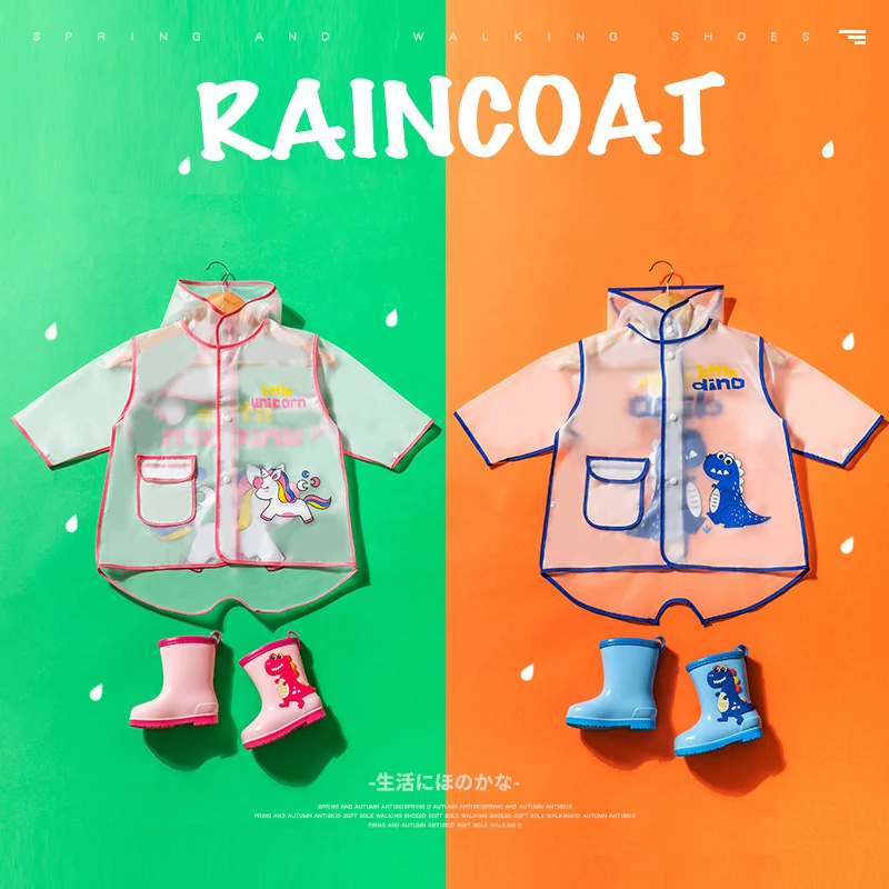 2022 Cute Children Raincoat Kids Boys Girls Waterproof Jumpsuit Hooded Cartoon Dinosaur Baby Rainwear and Pants Free Shipping