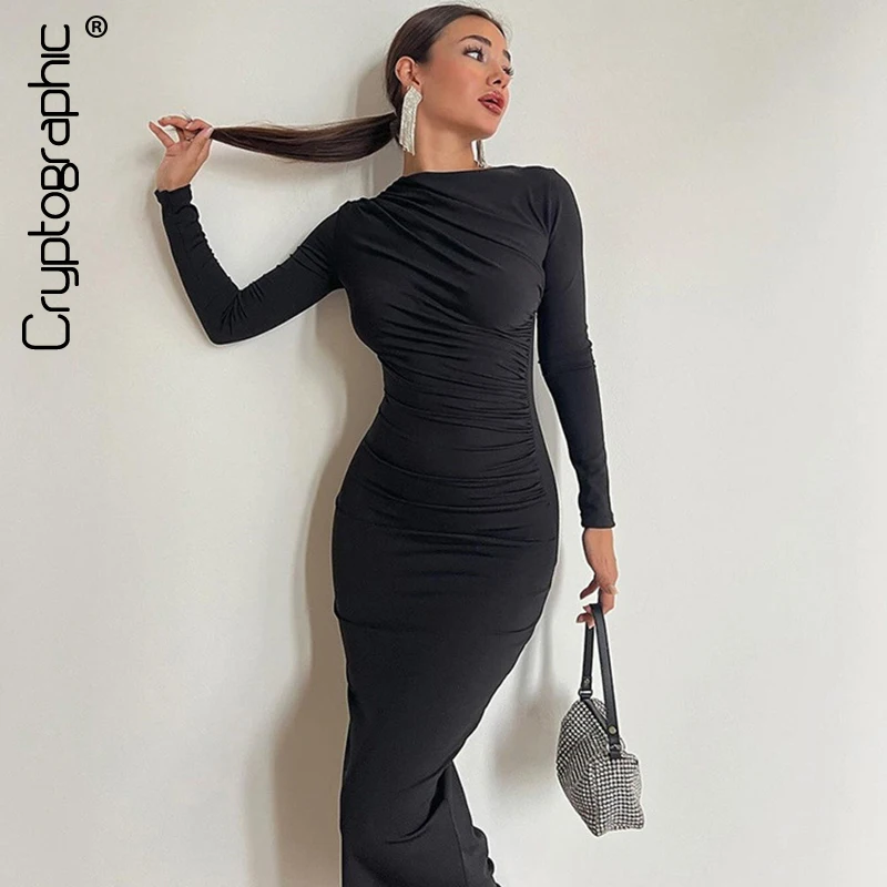 Cryptographic Autumn Elegant Ruched Long Bodycon Dress Fashion Outfits for Women Club Party Slinky Sexy Dresses Birthday Robes