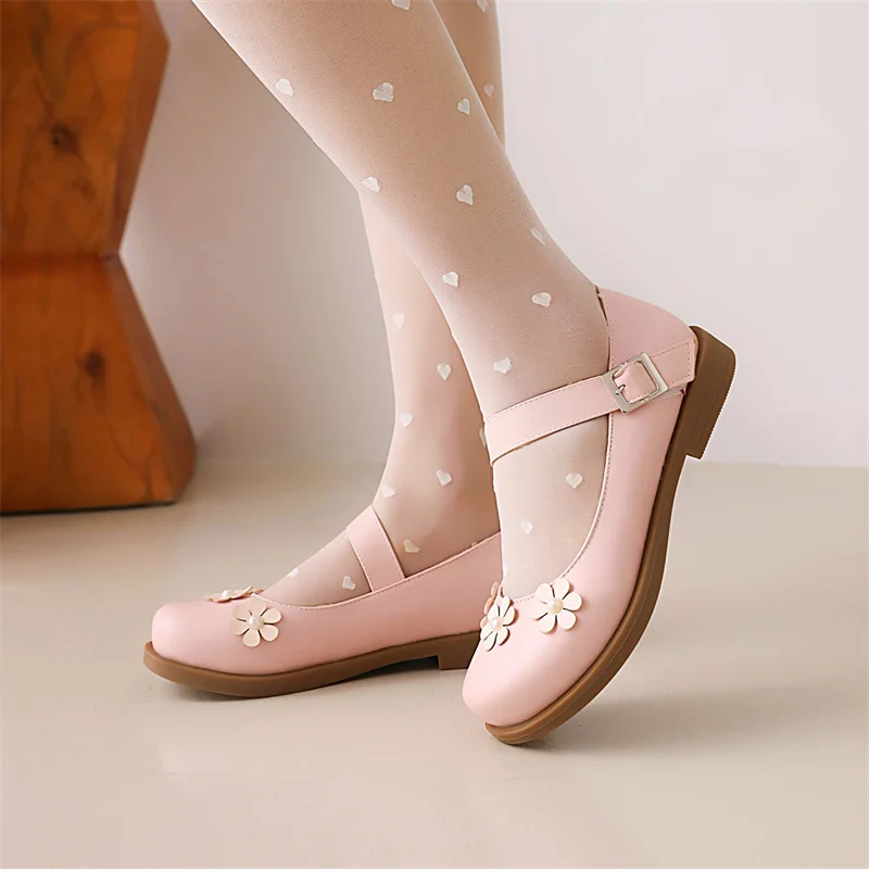 

YQBTDL 2022 Sweet Low Heel Mary Jane Shoes Girls Model Buckle Strap Flower Pumps Princess Party Wedding Women Shoes Summer New