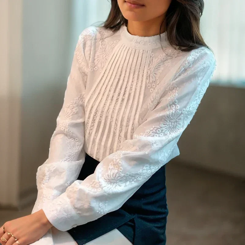 

2023 Long Sleeve Simple Stand Collar Blouse Fashion White Lace Korean Fashion Elegant Women Shirt Female Loose Crochet Top 29789