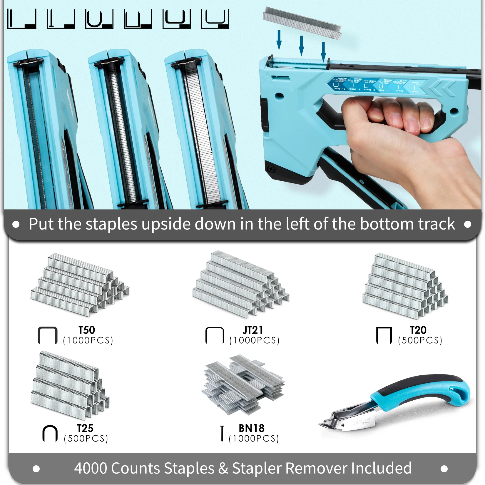 SHALL 6-in-1 Nail Gun Heavy Duty Upholstery Stapler Nail Gun with 4000 Counts Staples Manual Brad Nailer Staple gun for home DIY 6
