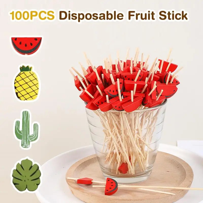 

100PCS Disposable Bamboo Skewers Set Fruit Sticks Food Picks Buffet Cupcake Fruit Fork Party Cake Dessert Salad Toothpick Skewer