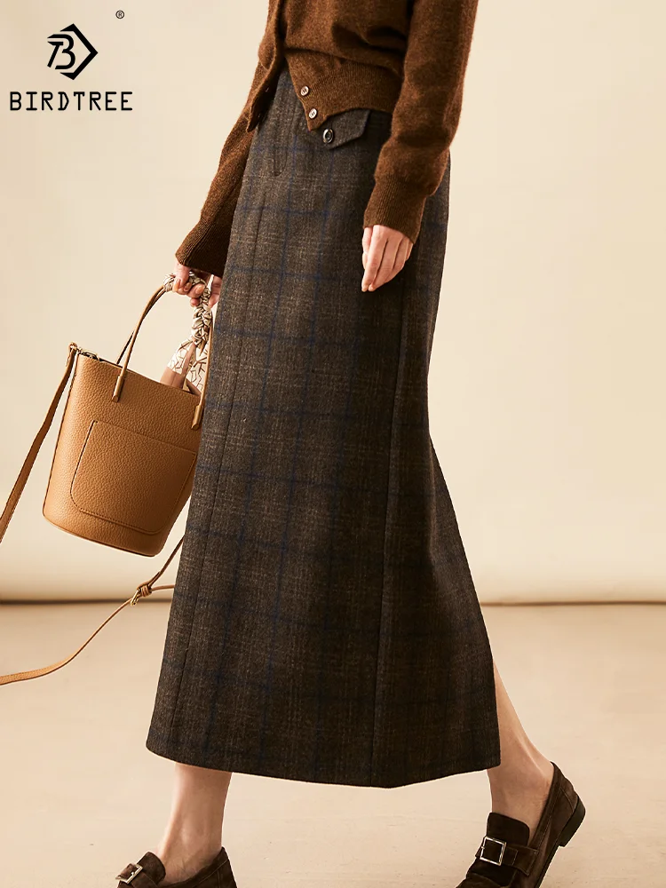 

Birdtree 90% Sheep Wool Elegant Retro Skirt Slim Designed Plaid Korean-style Basic Knit Skirts For Women Autumn Winter B3D352QM