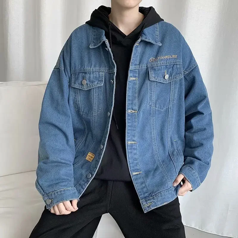 Chaqueta vaquera de otoño con botones azules para hombre, abrigos vaqueros de bolsillo gris para hombre, moda japonesa, alta calidad, vintage, precio bajo, talla grande GL