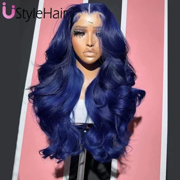 Dark Blue Lace Wig Long Body Wave Lace Front Wig Heat Resistant Synthetic Hair Side Part Solid Blue Lace Daily Use Cosplay Wig