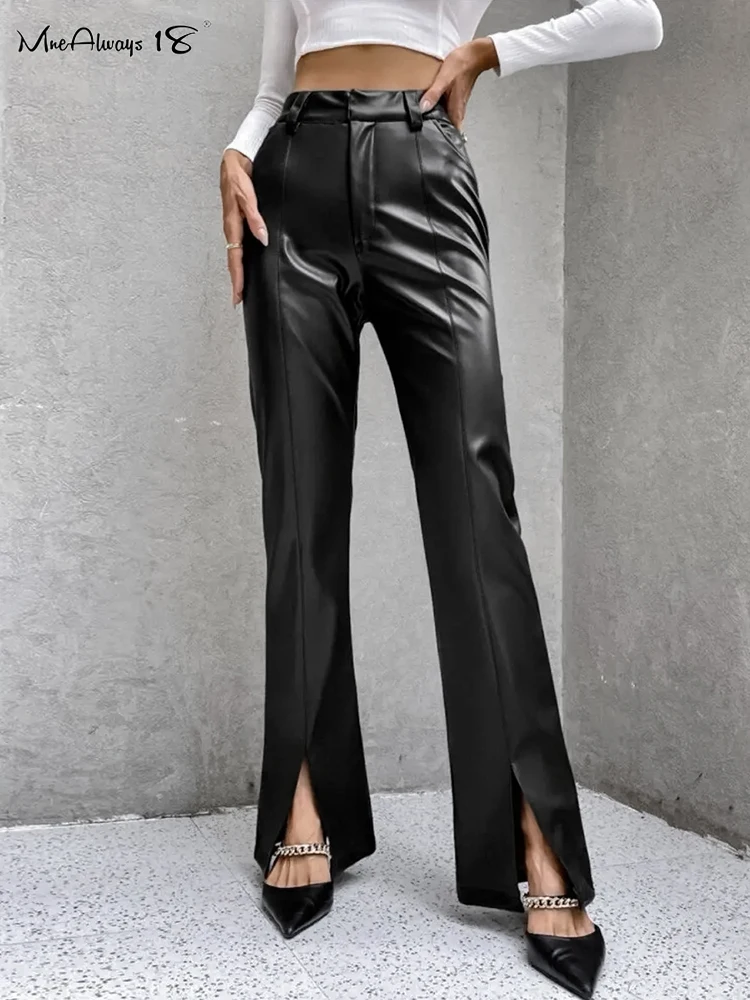 

Mnealways18 Black Pu Women Split Trousers Fashion 2024 Faux Leather Floor-Length Slim Pants Female Pleated Pockets Office Pants