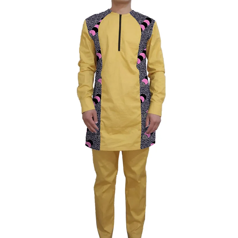 African Patchwork Shirts With Solid Trousers Yellow Cotton Long Sleeves Men's Sets Tailored Nigerian Fashion Groom Suit