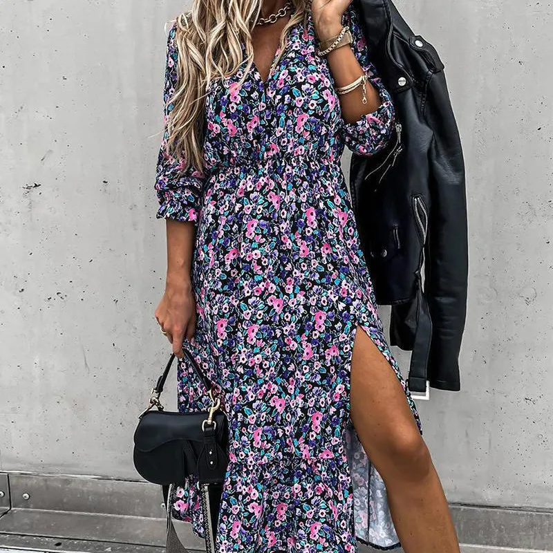 

2023 Fall V Neck Dress Women Casual Elegant Long Sleeve Split Long Floral Print Dress Female Boho Maxi Party Vestidos Clothing