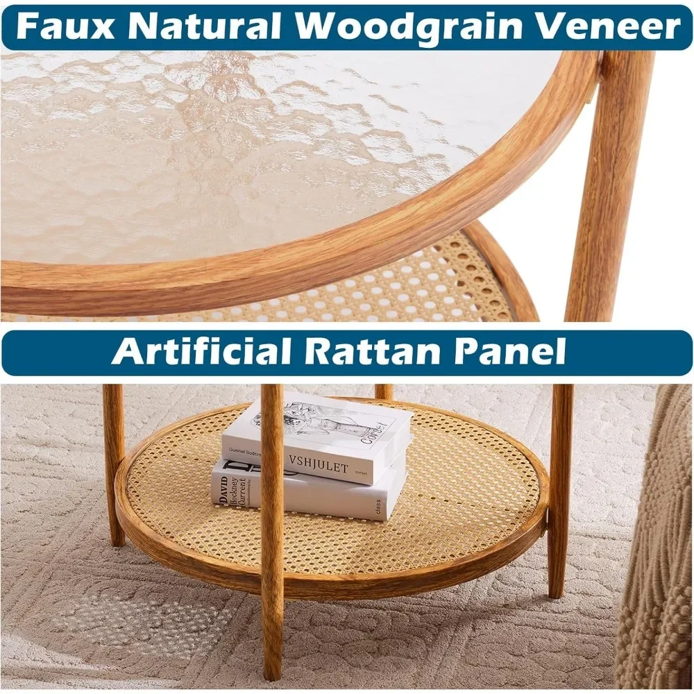 25.6" Rattan Coffee Table, Round Water-Wave Glass Metal Center Table  Modern Coffee Table 5