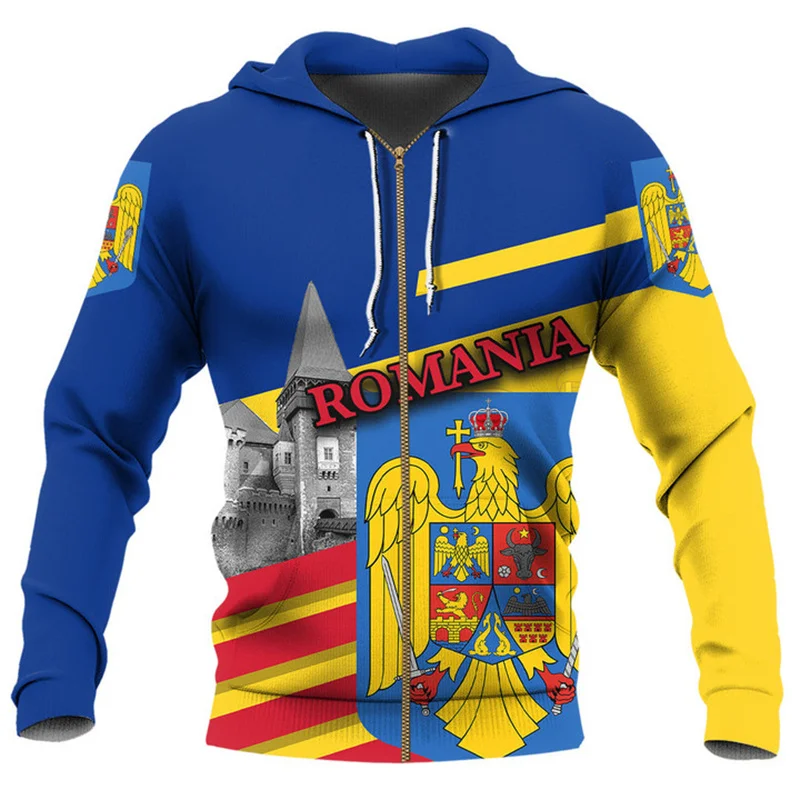 Sudadera con cremallera y estampado 3D de la bandera de Rumania para hombre, sudaderas con capucha y emblema rumano, sudaderas holgadas de manga larga a la moda para la calle