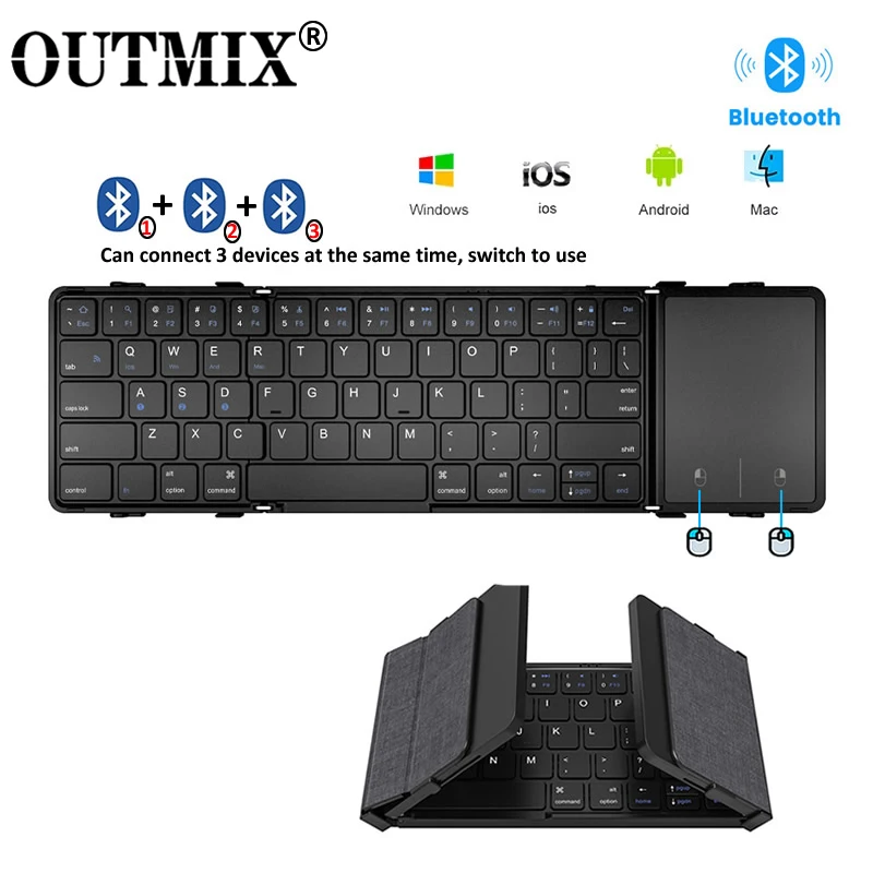 Outmix-teclado Bluetooth Dobrável Recarregável Portátil Mini Couro Touchpad Android pc Tablet Dispositivos Sincronização