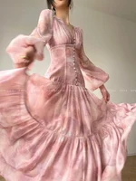 فستان IEQJ فرنسي أنيق بطباعة الزهور للنساء بياقة على شكل v بأكمام طويلة وخصر مرتفع بتصميم متأرجح للأميرة 3WQ6777 1