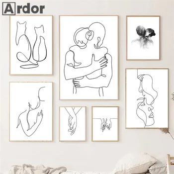 커플 라인 드로잉 손 스케치 고양이 인쇄 미니멀리스트 추상 벽 아트 캔버스 회화 흑백 포스터 홈 장식
