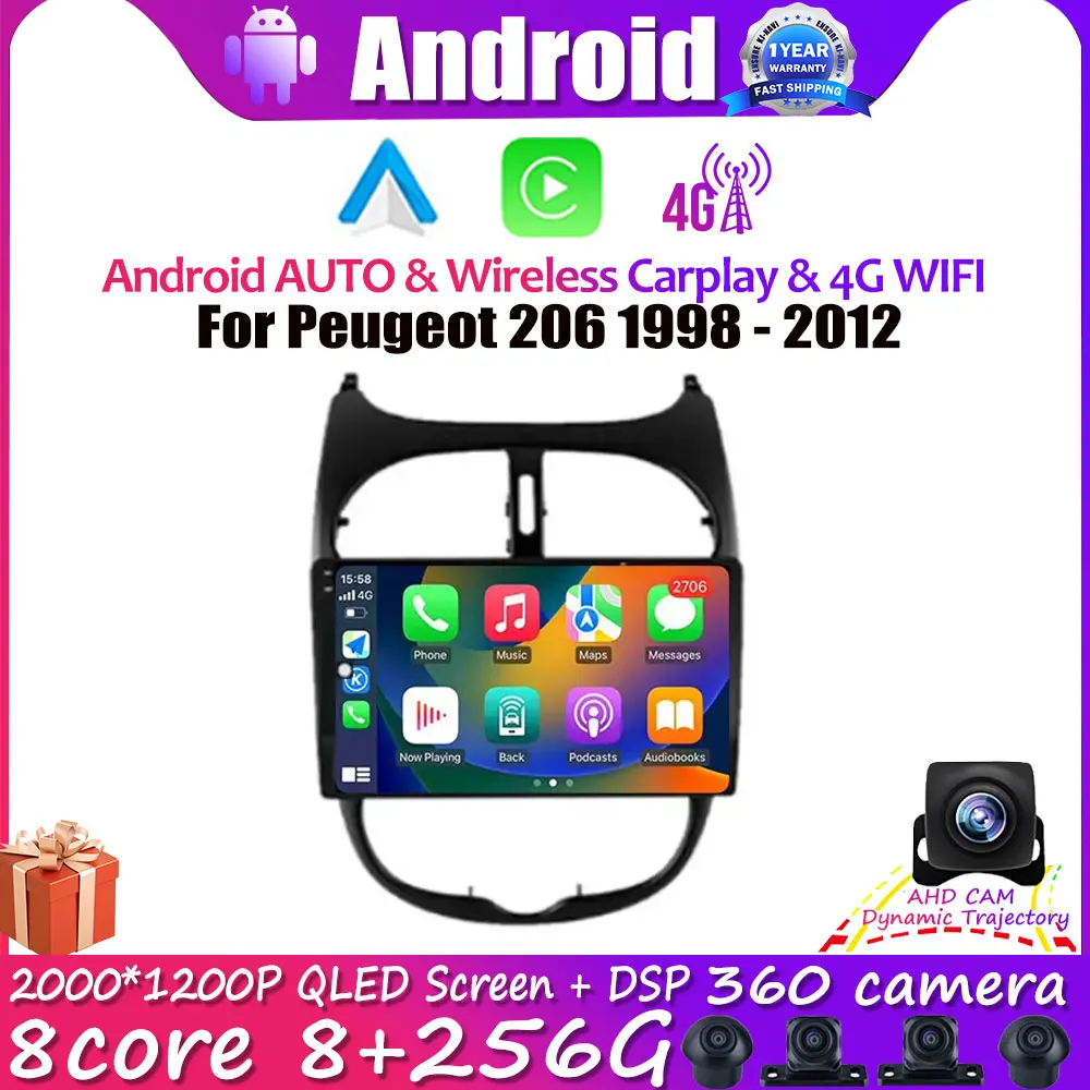 

Автомобильный мультимедийный плеер Carplay, Android 14, GPS-навигация, стереоприемник, автомобильное радио для Peugeot 206 1998-2012, 9 дюймов IPS BT