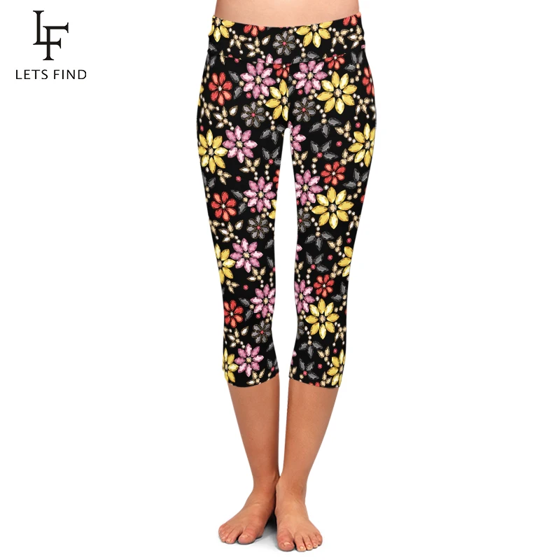 LETSFIND Beautiful Diamond Flower Digital Printed Leggings Summer Fashion Women Fitness Capri Leggings