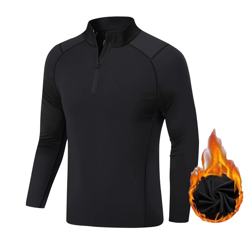 

Spring Fitness Long Sleeve Men's Top Fleece T-Shirt Warm Shirt Zipper Collar Base Layer Skin Gym Run Compression Sportswear