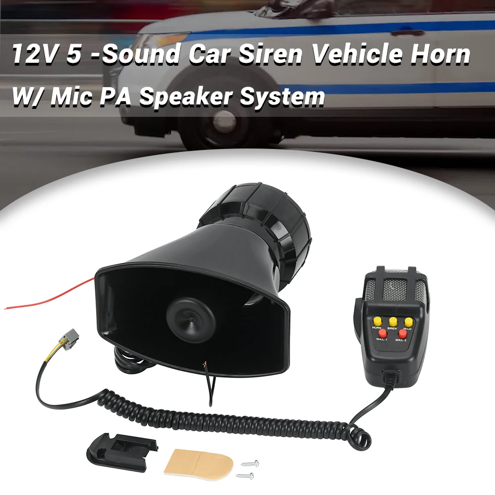 5 Tone Sound Car Siren Vehicle Horn W/ Mic PA Speaker System 100W Emergency Sound Amplifier 12V Siren Air Horn