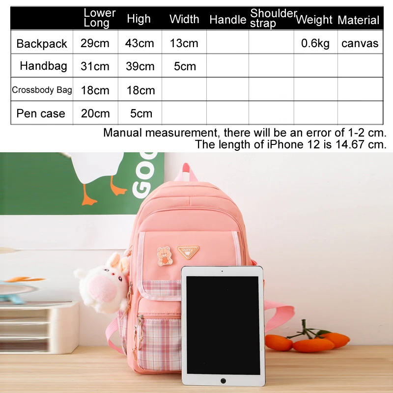 Children's School Backpack 4 Pcs Sets school bags for girls Kids Plaid design Bookbag mochilas Backpack Kawaii Women's Backpack