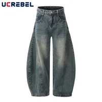 Spliced Wide Leg Jeans Mens Washed Distressed Retro High Street Loose Denim Pants Baggy Trousers Men 1