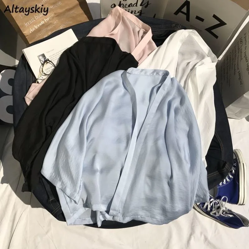 

Shirts Women Hot Sale Loose 2021 Solid Open Stitch Ulzzang Ladies Tops Leisure Chiffon Long Sleeve All-match Sun-proof Summer