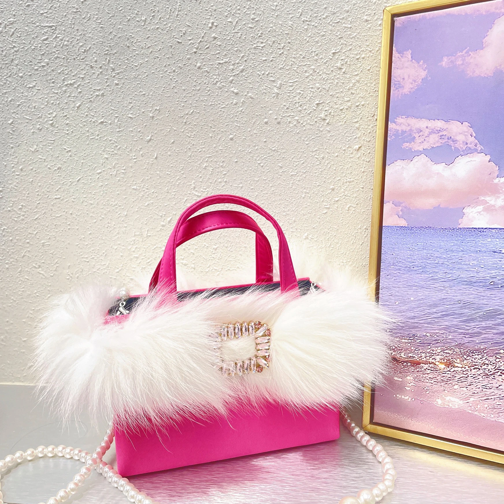 

Diamond Satin Box Bag Fluffy Fur Women Handbags Luxury Feather Evening Clutch Ladies Silk Pearl Beading Shoulder Crossbody Bags