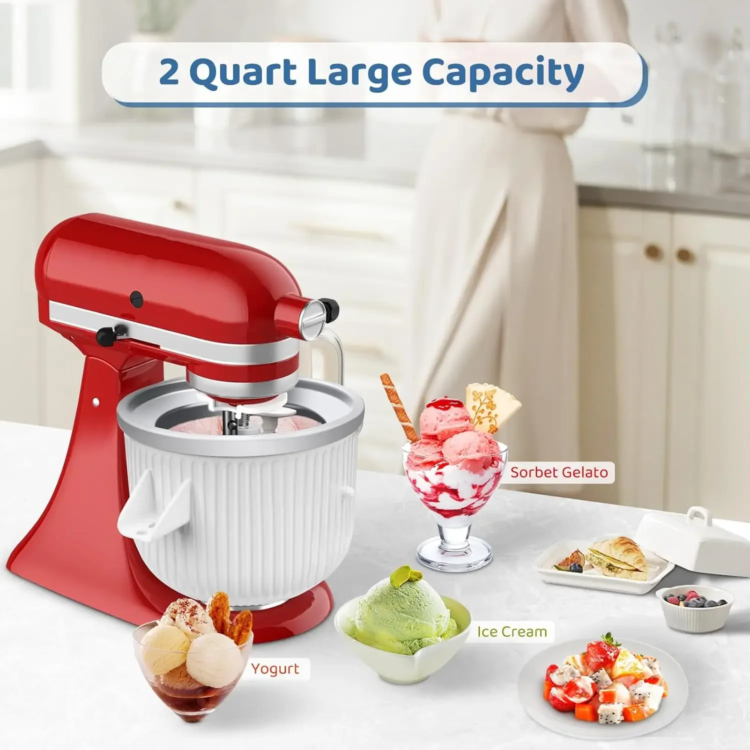 For KitchenAid 4.3L-7QT Stand Mixe Slicer Ice Cream Maker Attachment Frozen Yogurt Ice Cream & Sorbet Gelato Maker Bowl Fits